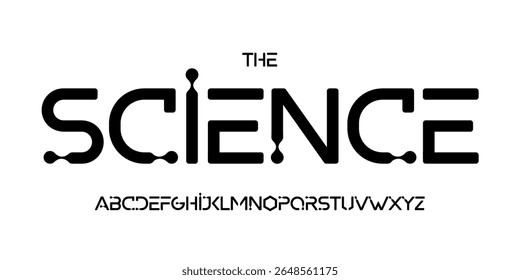 Fonte de tecnologia científica, alfabeto futurista para manchete científica, logotipo de produto digital médico, tipografia de dispositivo de exibição, design tipográfico da interface do usuário do aplicativo. Tipo de vetor moderno.
