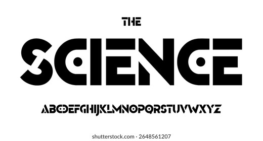 Fonte de tecnologia científica, alfabeto futurista para manchete científica, logotipo de produto digital médico, tipografia de dispositivo de exibição, design tipográfico da interface do usuário do aplicativo. Tipo de vetor moderno.