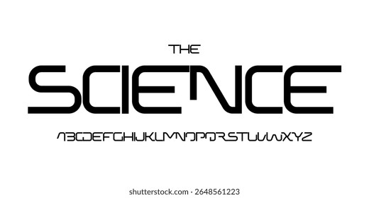 Fonte de tecnologia científica, alfabeto futurista para manchete científica, logotipo de produto digital médico, tipografia de dispositivo de exibição, design tipográfico da interface do usuário do aplicativo. Tipo de vetor moderno.