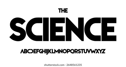 Fonte de tecnologia científica, alfabeto futurista para manchete científica, logotipo de produto digital médico, tipografia de dispositivo de exibição, design tipográfico da interface do usuário do aplicativo. Tipo de vetor moderno.