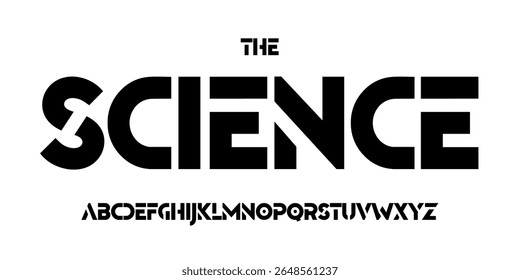 Fonte de tecnologia científica, alfabeto futurista para manchete científica, logotipo de produto digital médico, tipografia de dispositivo de exibição, design tipográfico da interface do usuário do aplicativo. Tipo de vetor moderno.