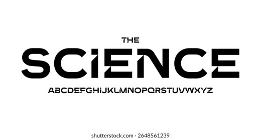 Fonte de tecnologia científica, alfabeto futurista para manchete científica, logotipo de produto digital médico, tipografia de dispositivo de exibição, design tipográfico da interface do usuário do aplicativo. Tipo de vetor moderno.