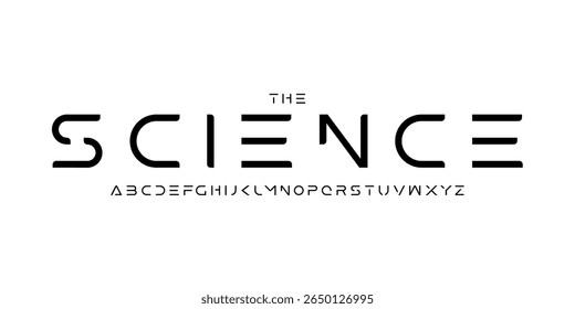 Fonte de tecnologia científica, alfabeto futurista para manchete científica, logotipo de produto digital médico, tipografia de dispositivo de exibição, design tipográfico da interface do usuário do aplicativo. Tipo de vetor moderno.