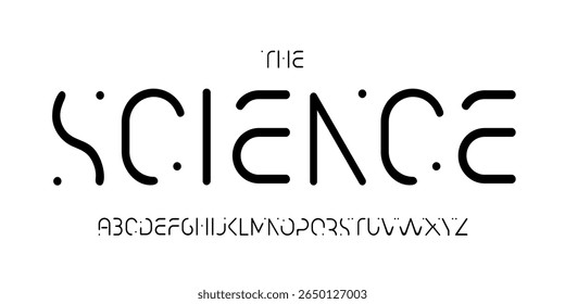 Fonte de tecnologia científica, alfabeto futurista para manchete científica, logotipo de produto digital médico, tipografia de dispositivo de exibição, design tipográfico da interface do usuário do aplicativo. Tipo de vetor moderno.