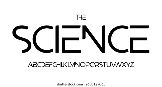 Fonte de tecnologia científica, alfabeto futurista para manchete científica, logotipo de produto digital médico, tipografia de dispositivo de exibição, design tipográfico da interface do usuário do aplicativo. Tipo de vetor moderno.