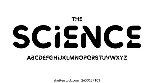 Fonte de tecnologia científica, alfabeto arredondado futurista para manchete científica, logotipo de produto digital médico, tipografia de dispositivo de exibição, design tipográfico de IU aplicativo. Tipo de vetor moderno