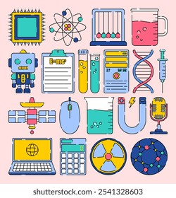 Ilustración de icono de ciencia y tecnología con paleta de colores brillantes en estilo de diseño plano para el diseño de temas de educación y tecnología futura.