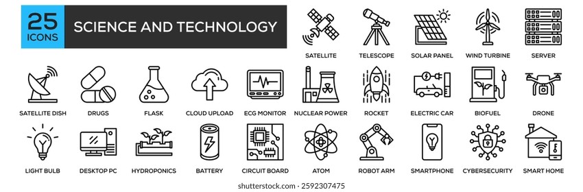 science and technology icon set collection. Containing design Satellite, Telescope, Solar Panel, Wind Turbine, Server