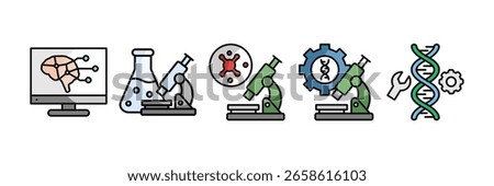 Science and Technology Icon Set, Containing design Neuromorphic Computing, Laboratory Testing, Microbiology, Biomedical Engineering, DNA Repair