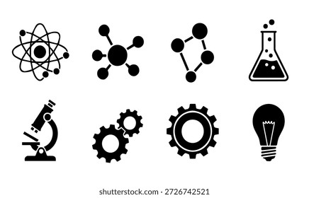Conjunto de íconos de Ciencia y tecnología con engranajes de microscopio de molécula atómica y Ilustración vectorial de silueta de bombilla para investigación e innovación educativa
