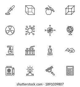Symbole der Wissenschafts- und Technologielinie, Vektorsymbol-Kollektion, Piktogramm-Paket mit linearem Stil. Zeichen, Logo-Illustration. Set enthält Symbole wie wissenschaftliche Forschung, Laborexperimente