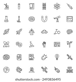 Conjunto de iconos de línea de Ciencia y tecnología. colección de símbolos de estilo lineal, paquete de signos de contorno. Educación gráfica de Vector. El conjunto incluye iconos como microscopio, tubo de prueba, hélice del ADN, matraz químico, telescopio