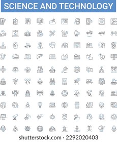 Science and technology outline icons collection. Science, Technology, Innovate, Experiment, Explore, Research, Data vector illustration set. Analyze, Scientific, Engineering line signs