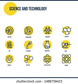 Science and Technology related vector icon set. Flat icons in line style. Color symbols for web design, mobile app and presentation