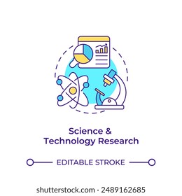 Ciencia y tecnología de investigación multi color concepto icono. Educación STEM. Investigación de laboratorio. Análisis de datos. Ilustración de línea de forma redonda. Abstractas idea. Diseño gráfico. Fácil de usar en el artículo