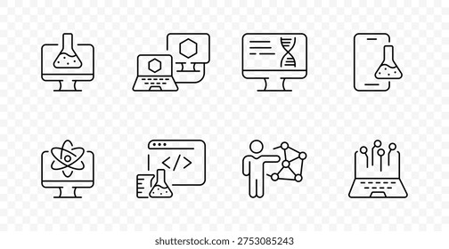 Science technology set icon. Laboratory flask, research screen, code window, molecule model, data analysis, developer, innovation, education, computing, chemistry, engineering