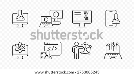 Science technology set icon. Laboratory flask, research screen, code window, molecule model, data analysis, developer, innovation, education, computing, chemistry, engineering