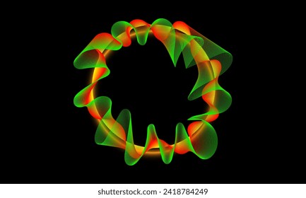 Science, technology, sound wave, and digital communication concepts. Flowing lines and dots of green and orange circle wave patterns on a black background.
