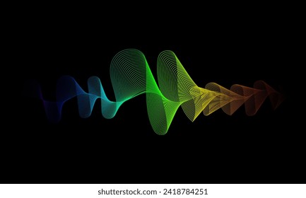 Science, technology, sound wave, and digital communication concepts. Flowing lines and dot rainbow color wave patterns on a black background.
