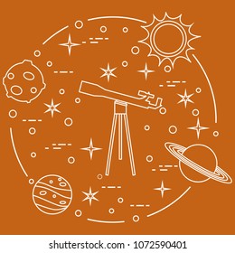 Science: telescope, sun, moon, planets, stars. Space exploration. Astronomy.