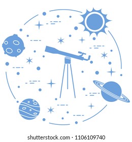 Science: telescope, sun, moon, planets, stars. Space exploration. Astronomy.
