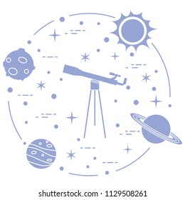 Science: telescope, sun, moon, planets, stars. Space exploration. Astronomy.