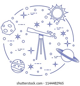 Science: telescope, sun, moon, planets, stars. Space exploration. Astronomy.