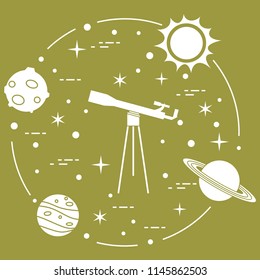Science: telescope, sun, moon, planets, stars. Space exploration. Astronomy.