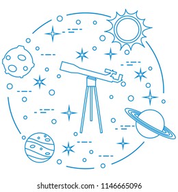 Science: telescope, sun, moon, planets, stars. Space exploration. Astronomy.