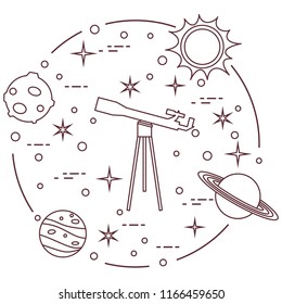 Science: telescope, sun, moon, planets, stars. Space exploration. Astronomy.