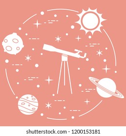 Science: telescope, sun, moon, planets, stars. Space exploration. Astronomy.