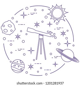 Science: telescope, sun, moon, planets, stars. Space exploration. Astronomy.