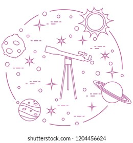 Science: telescope, sun, moon, planets, stars. Space exploration. Astronomy.