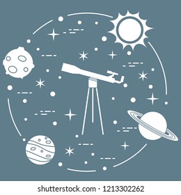 Science: telescope, sun, moon, planets, stars. Space exploration. Astronomy.