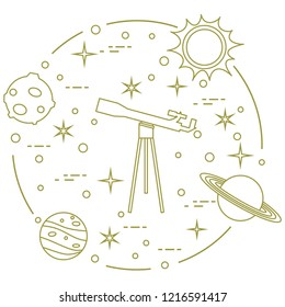 Science: telescope, sun, moon, planets, stars. Space exploration. Astronomy.