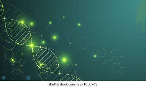 Wissenschaftsvorlage, Bildschirmhintergrund oder Banner mit DNA-Molekülen. Vektorgrafik.