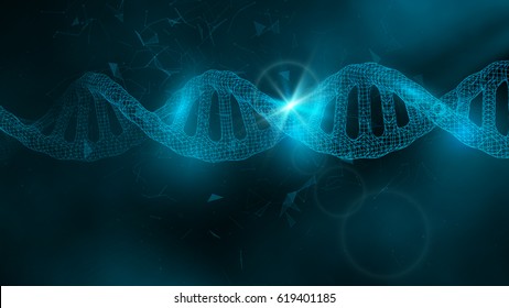 Science template for your card, blue wallpaper or banner with a DNA molecules of polygons. Wire-frame mesh polygonal element. Glow light futuristic background. Vector illustration. 