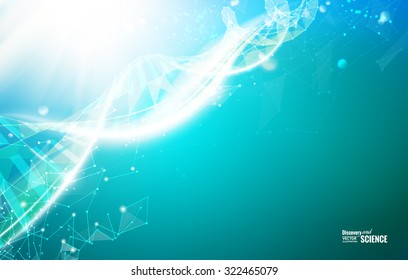 Science template for your card, green wallpaper or banner with a DNA molecules of poligons. Wireframe mesh polygonal element. Glow light futuristic background.  Vector illustration.