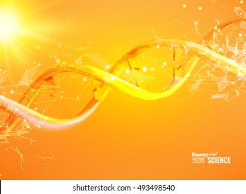 Science Template For Your Card, Orange Wallpaper Or Banner With A DNA Molecules Of Polygons. Wire-frame Mesh Polygonal Element. Glow Light Futuristic Background. Vector Illustration.