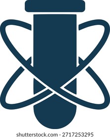 Tubo de ensayo científico con órbitas atómicas, Vector mínimo plano, azul oscuro