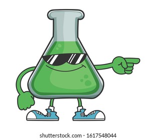 Science test tube cartoon character with sunglasses pointing isolated on white background