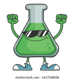 Science test tube character with sunglasses and arms in the air isolated on white background