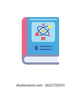Science textbook with atom graphic in flat style illustration on White Background, education material. Vector book illustration.