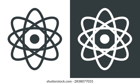 Science theme element pack minimalist line, atomic structure, orbital paths, nuclei, protons, electrons, and physics symbols