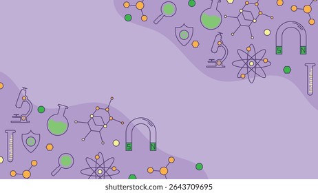 science themed background with chemistry lab icons including flasks atoms magnet and shield over a soft purple backdrop suitable for education and research designs