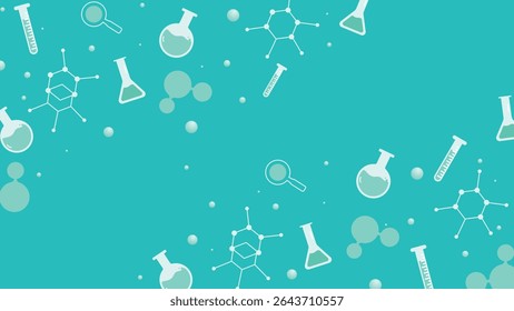 science themed background featuring lab equipment flasks test tubes molecules and magnifiers on a blue green color ideal for education medical or chemistry projects