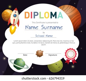 Science themed children diploma certificate template with rocket and cute planets