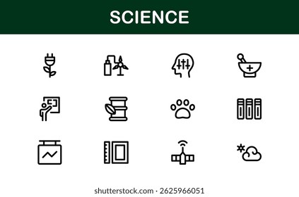 Pacote de Ícones com Temas Científicos. Designs limpos e baseados em vetores para projetos educacionais e científicos