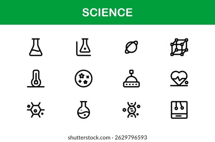 Pacote de Ícones com Temas Científicos. Designs limpos e baseados em vetores para projetos educacionais e científicos