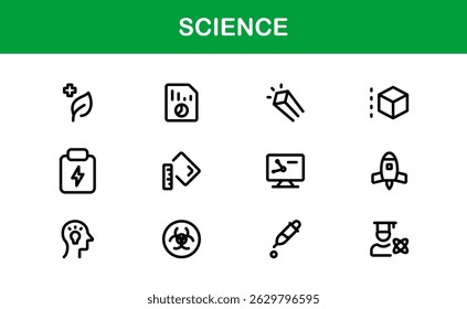 Icon-Paket zum Thema Wissenschaft. Saubere, vektorbasierte Designs für Bildungs- und Wissenschaftsprojekte